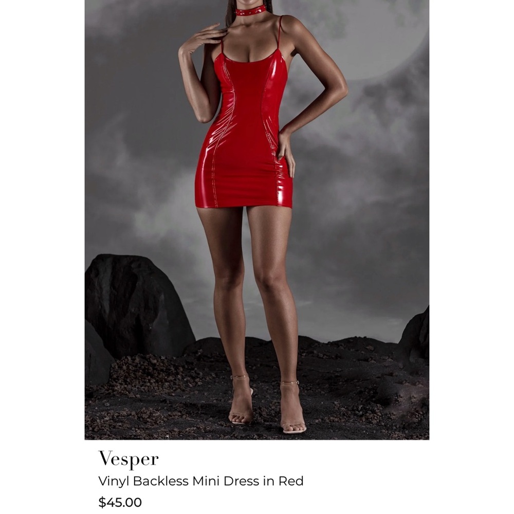 Oh Polly Vesper Red Vinyl Spaghetti Strap Backless Mini Dress US 0 - Picture 4 of 7